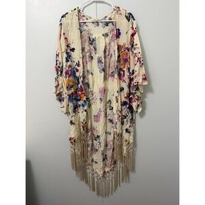 Umgee Kimono Women XL/1XL Cream Floral Fringe Boho Festival Country Resortwear